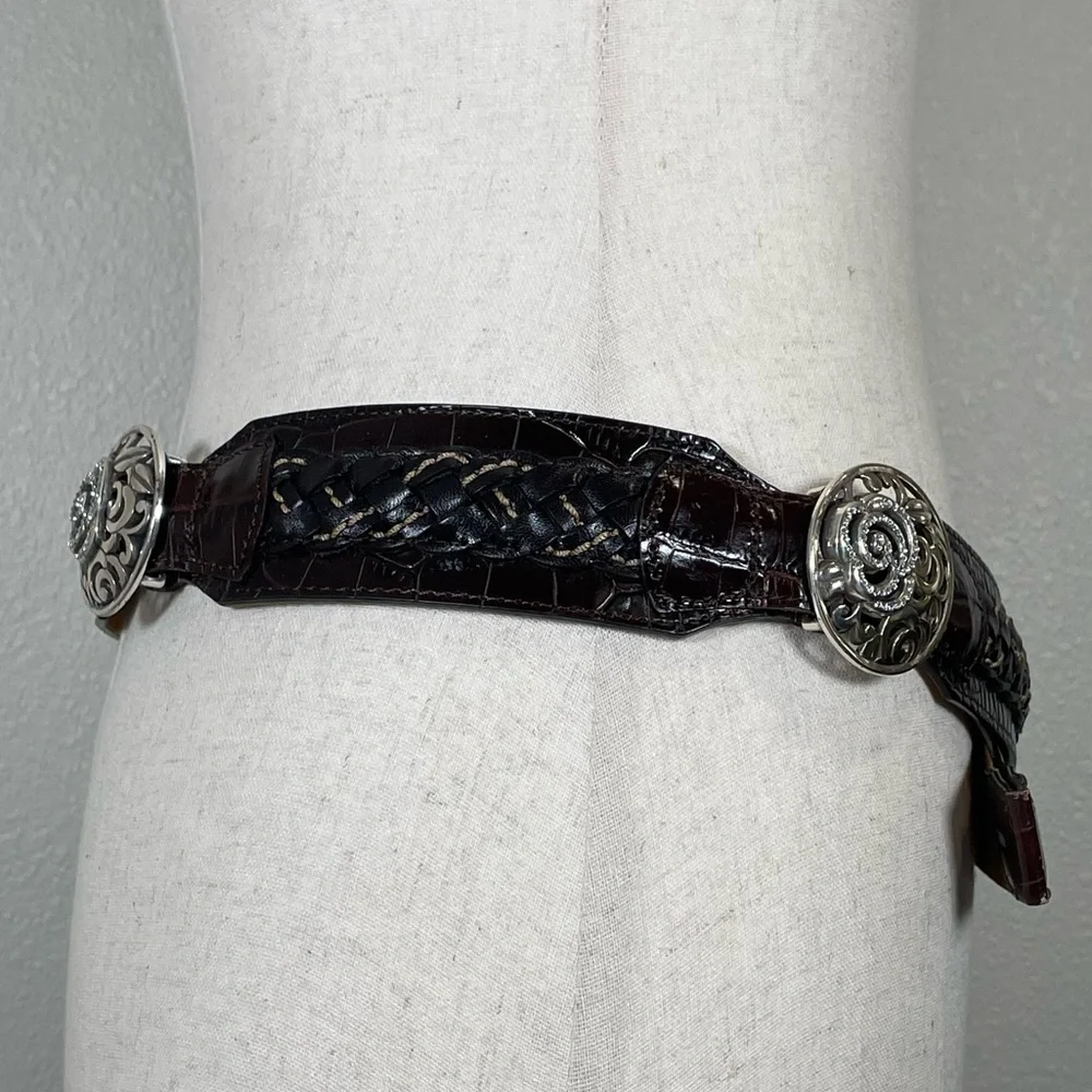 BRIGHTON Belt Brown Woven Croc Leather Concho Rhinestones Silvertone Size 36